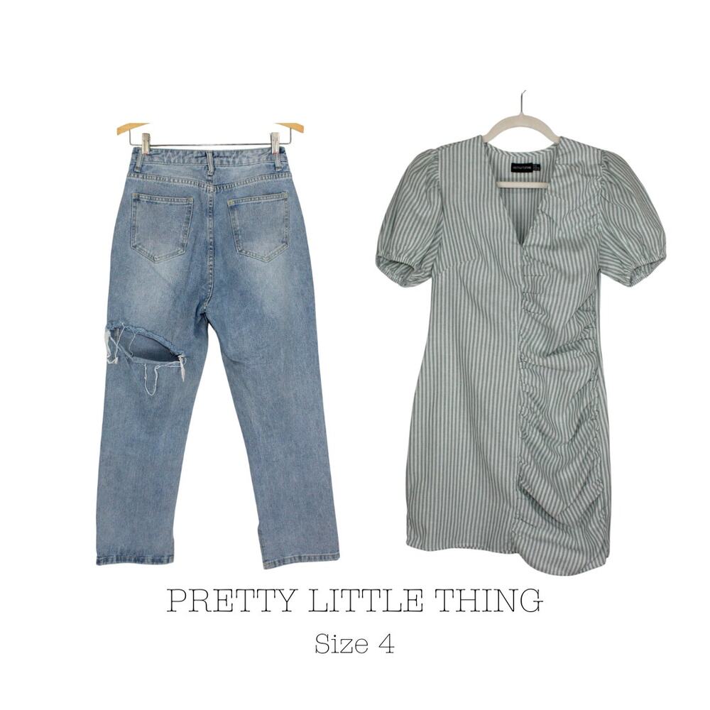 Size 4 PRETTY LITTLE THING Dress & Jeans ~ sage ruched mini distressed
